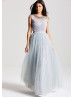 Gray Tulle Chiffon Beads Cap Sleeves Long Prom Dress